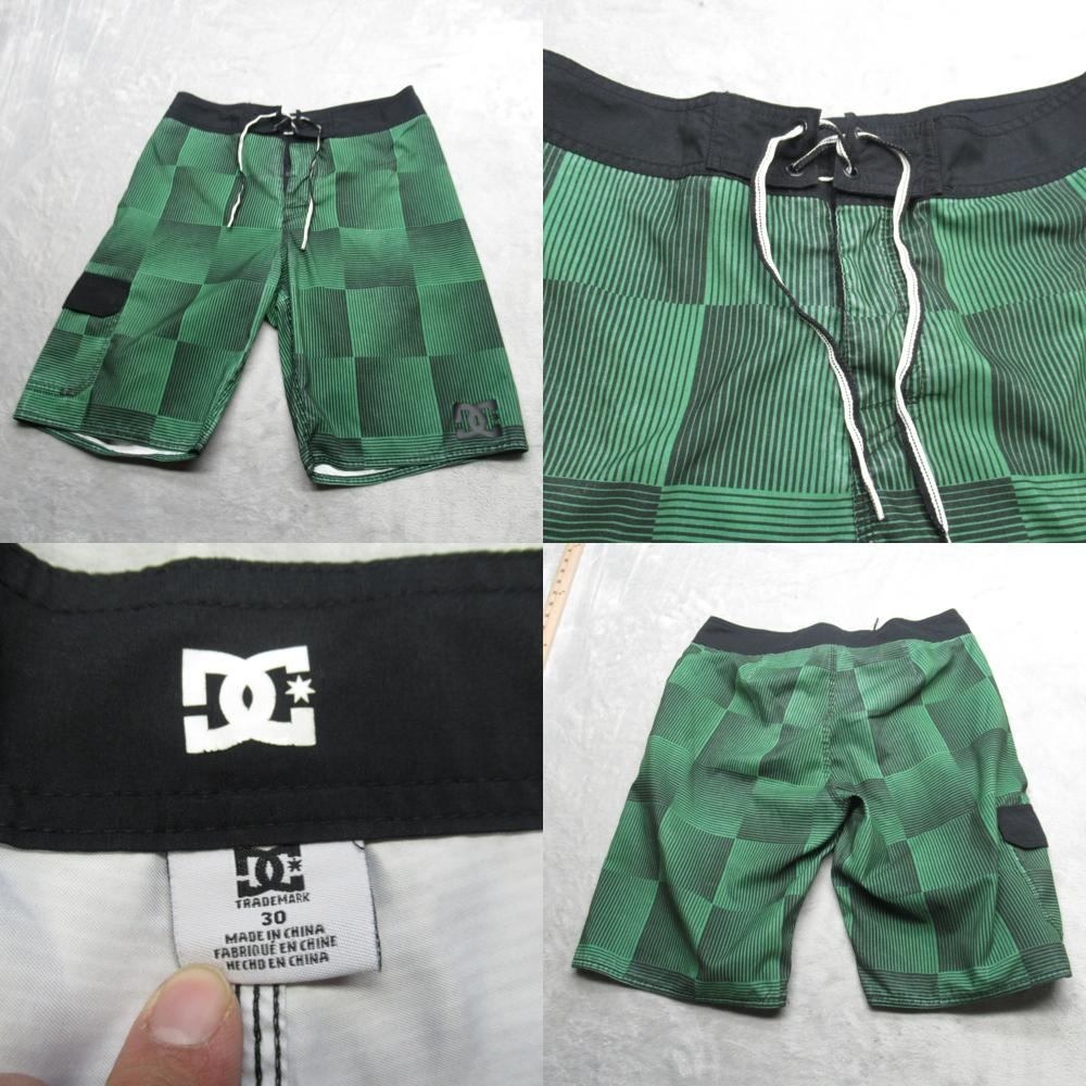 DC Swim Shorts Mens 30 Green Check Cargo Pocket Lace‎ Up Trunks Surf Board Beach